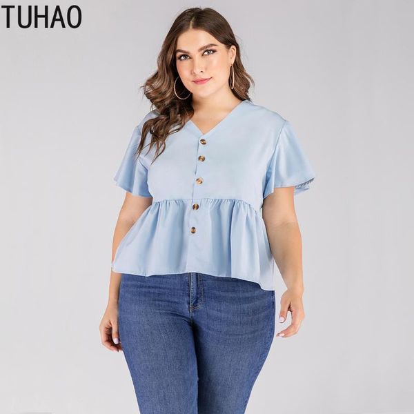 

tuhao 2020 womenn casual blouse light blue women's shirt elastic short high waist female office lady blouses plus size 4xl 3xl w, White