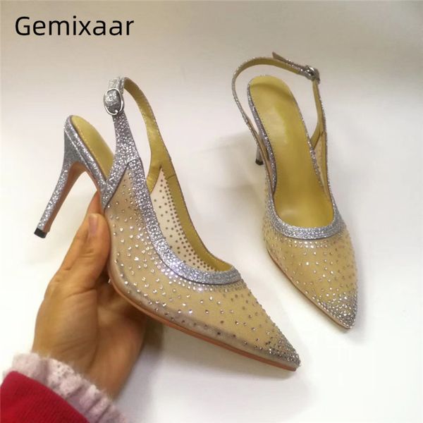 

jeweled crystal high heel party shoes woman thin heel pointed toe back straps air mesh slingback rhinestone women pumps, Black