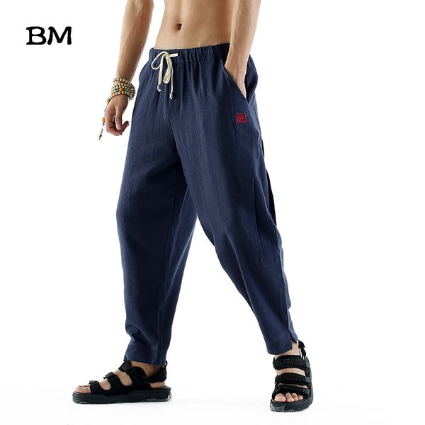 

chinese style cotton linen casual pants solid color nine points harem pants streetwear joggers men loose fashion sweatpants, Black
