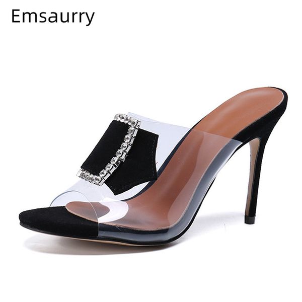 

chic 2020 transparent pvc high heel slippers women open toe slingback metal buckle with rhinestone summer shoes woman, Black