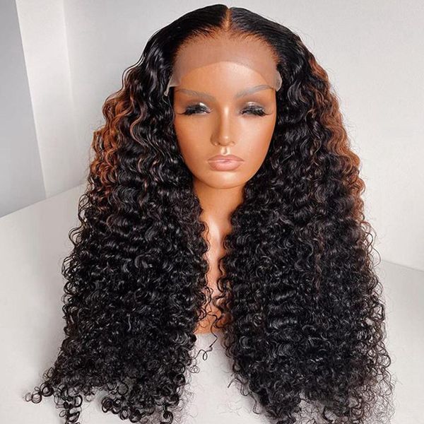 

brown 360 lace frontal brazilian kinky curly 180 density human hair lace front wigs with ombre highlight blonde full lace heavy curly wigs, Black