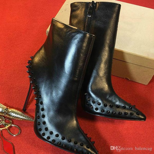 

new luxe black red leather with spikes pointed toes women ankle boots fashion designer ladies red bottom high heels shoes pumps