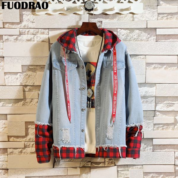 

fuodrao отверстие джинсовая отверстие мужчины японский стиль уличная одежда хип-хоп куртка с капюшоном мужчины лоскутное ветровка пальто har, Black;brown