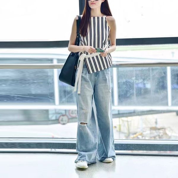 

women fashion vintage high waist pants hole pure denim straight wide leg jeans button loose style ripped straight jeans, Blue