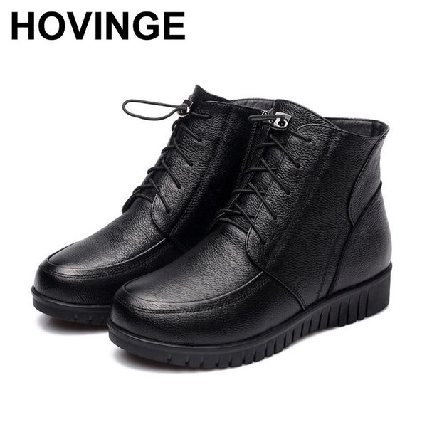 

hovinge women's winter boots genuine leather fur wool warm ladies shoes winter snow boots women shoes non-slip woman boot, Black
