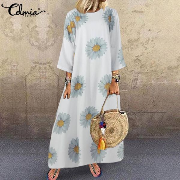 

celmia bohemian daisy print maxi dress women's sundress 2020 summer casual 3/4 vintage robe loose party beach long vestidos 5xl, Black;gray