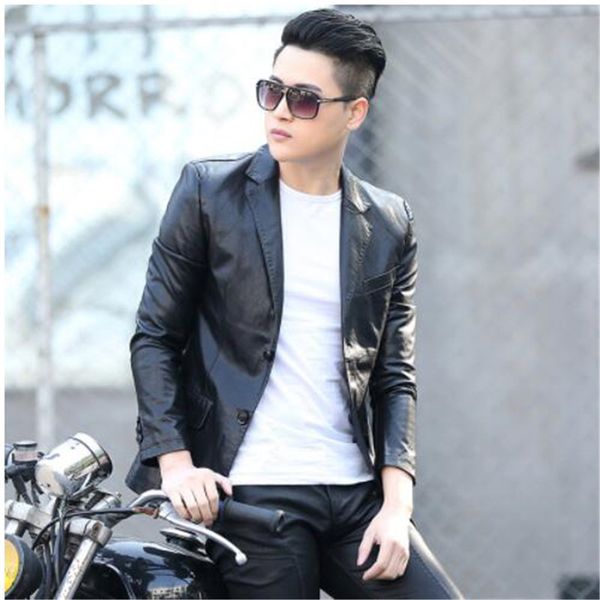 

men leather blazer 2019 new spring and autumn male sheepskin casual suit pocket genuine split leather slim suit teenage boy, Black