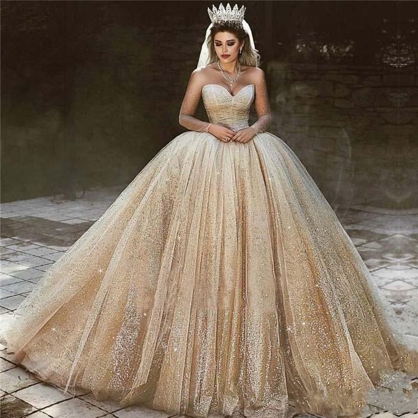 

luxury arabic gold wedding dresses 2019 sequins plus size ball gown royal wedding dress sweetheart bead sparkly princess bridal gowns, White