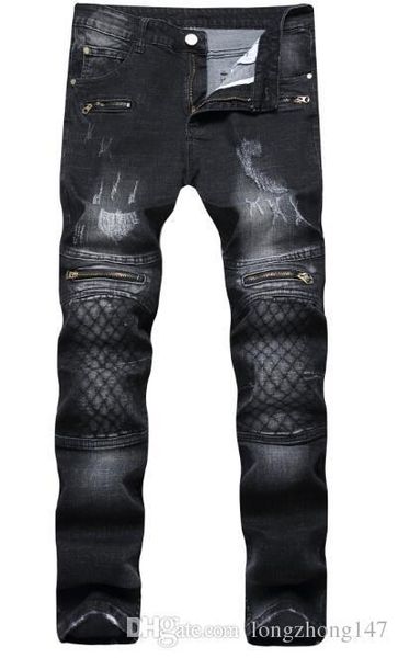 

men biker jeans straight jeans high elasticity zipper trousers new pants man's embroidery pants slim skinny casual jeans b, Blue
