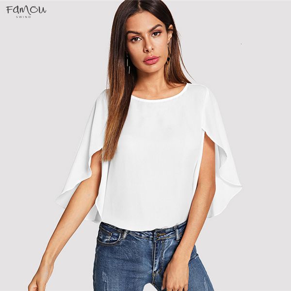 

Batwing Sleeve Plain Blouse Ladies Tops Round Neck Long Sleeve Regular Fit Split Womens Tops And Blouses Elegant Casual