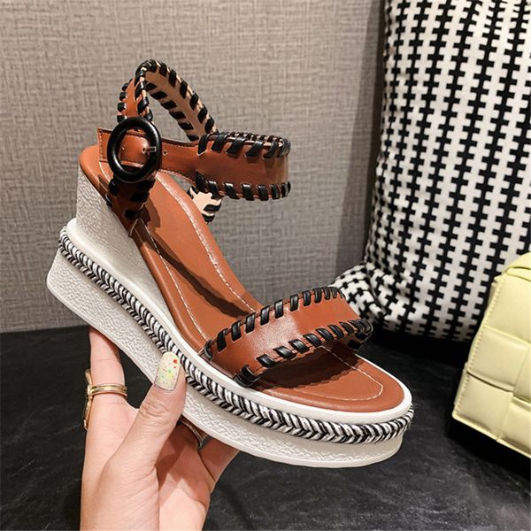 

sandals retro genuine leather shoes women casual wedge high heels platform summer quality, Black