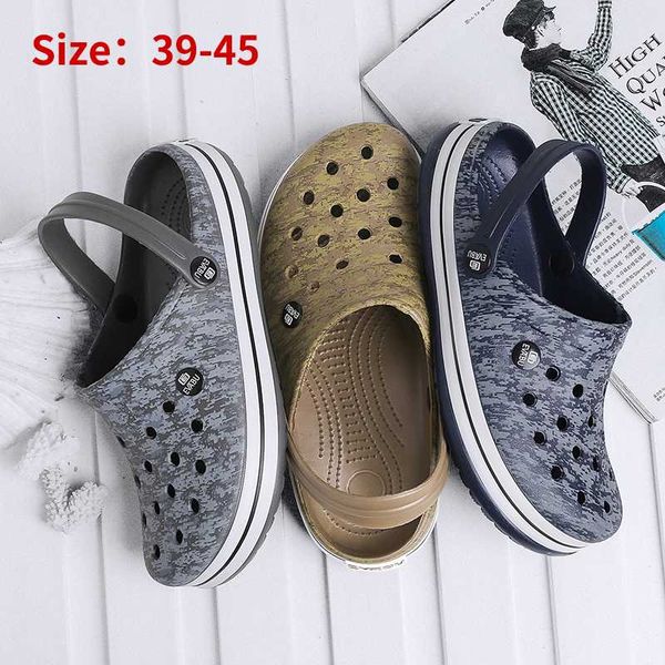 

summer hole shoes men round toe breathable beach sandals soft two ways wearing slippers casual comfortable man walking footwear, Black