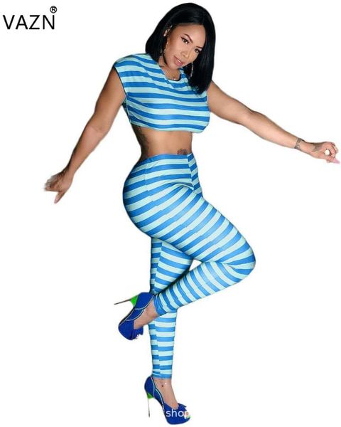 

vazn new age reduction 2019 women 2 piece set striped o-neck short sleeve hollow out long pants tracksuits set nm8009, White