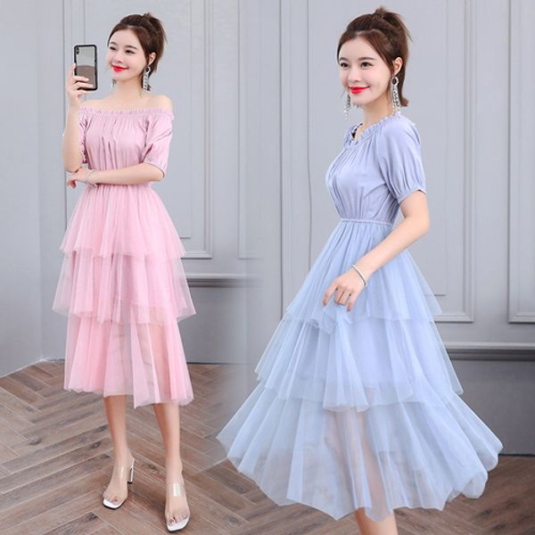 

korean summer 2019 slash neck off shoulder dresses fashion casual brief vestido mesh patchwork vestidos de fiesta, Black;gray