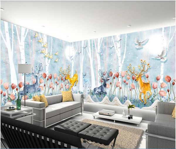 

3d wall covering custom mural wallpaper nordic style sika deer forest landscape painting full house custom background home decor wall papers