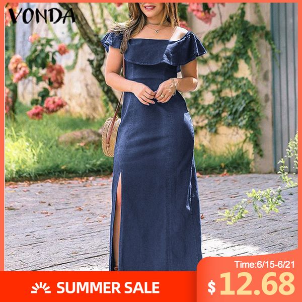 

vonda demin dress plus size women summer sundress vintage ruffle sleeve bohemian long dress casual robe split party sundress, Black;gray