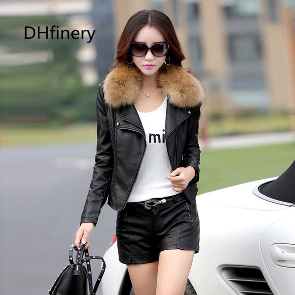 

leather jacket women short motorcycle leather jacket spring autumn ladies raccoon fur collar coat plus size m-5xl 926, Black