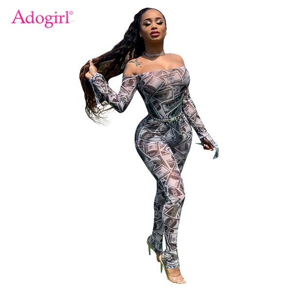 

adogirl money dollar print sheer mesh jumpsuit women off shoulder long flare sleeve skinny romper night club overall outfit, Black;white