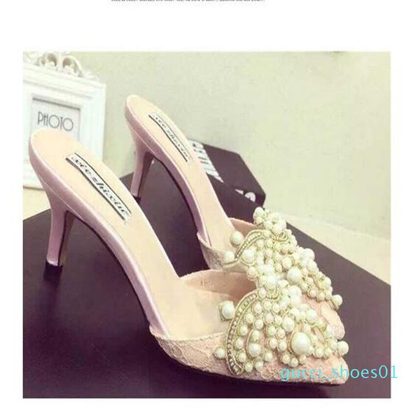 

pearl rhinestones high heels shoes for ladies pointed toes shoes pink and beige sandal shoes size 35-39 shipping g01, Black
