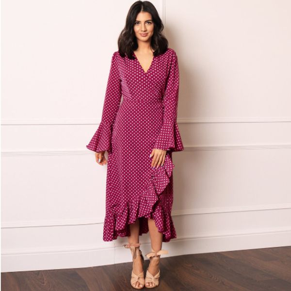 

autumn and winter elephant skirt long dress elegant temperament fashion women long sleeve ruffle edge dot print show thin waist dress sale, Black;gray