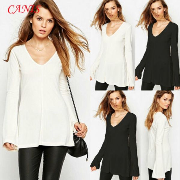 

женин sexy v-обѬазнм вѬезом оп поведневна ђболка solid flare top длиннм Ѭђкав, White