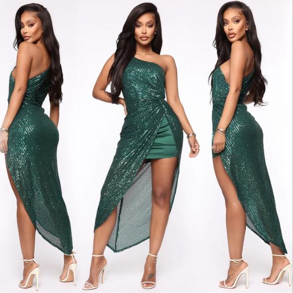 

one-shoulder sleeveless sequin dress summer women irregular ruffle mini dress spring bright silk shiny party dress vestidos, Black;gray