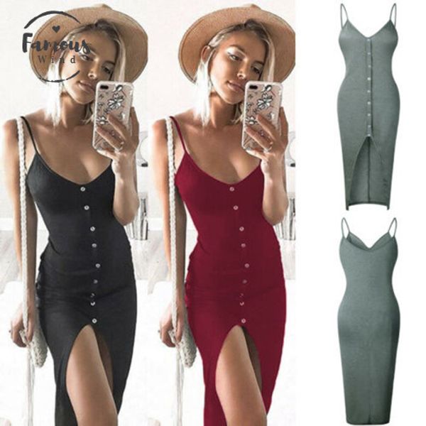 

womens sleeveless strappy tank dress slim rib knit button split party midi dress summer drop shipping, Black;gray