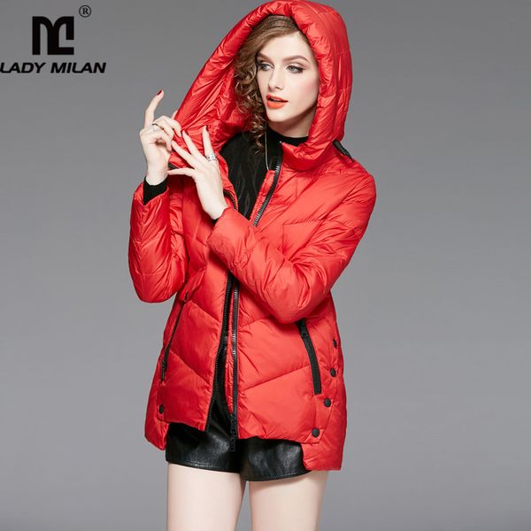 

lady milan women's winter runway down coats hooded collar long sleeves zipper closure white duck down parkas outerwear, Black