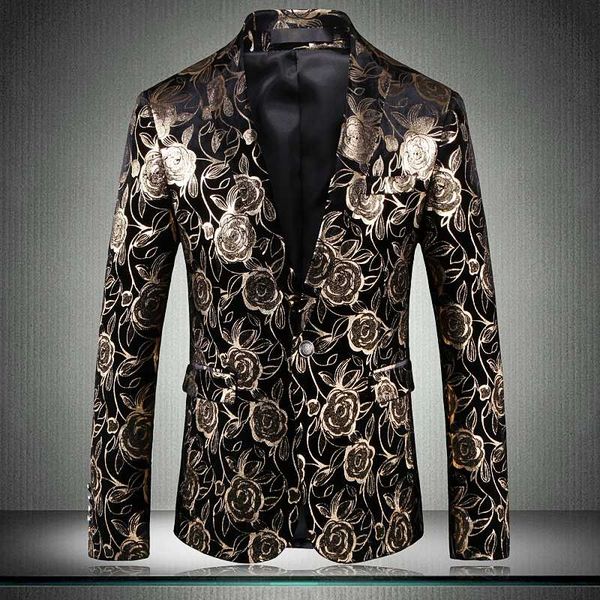 

gold printed mens blazer luxury flora single breasted wedding male blazer and jackets slim fit club prom blazers men 4xl, White;black