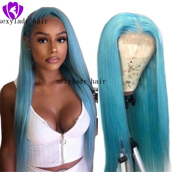 

13*4 light blue hair synthetic straight long lace front wig for black /african woman