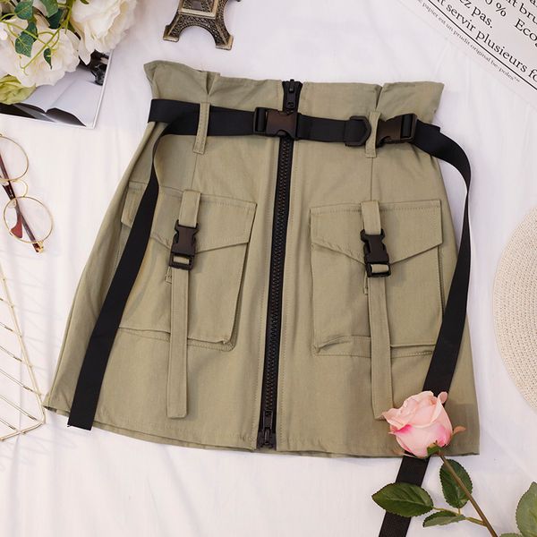 

summer women skirt 2020 high waist mini skirt gothic punk style pocket buckle lace up skirts streetwear multicolor, Black