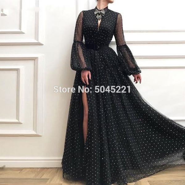 

party dresses black attractive o neck long puffy sleeves tulle evening slit prom vestidos de fiesta formal dress arabic muslim, White;black