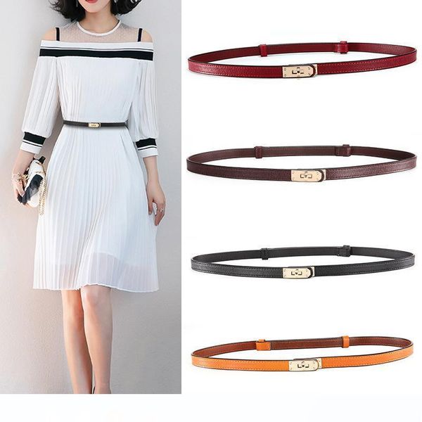 

new women's dress belts golden buckle skinny fashion cowhide belts genuine leather waist strap for female up to 38 inch, Black;brown