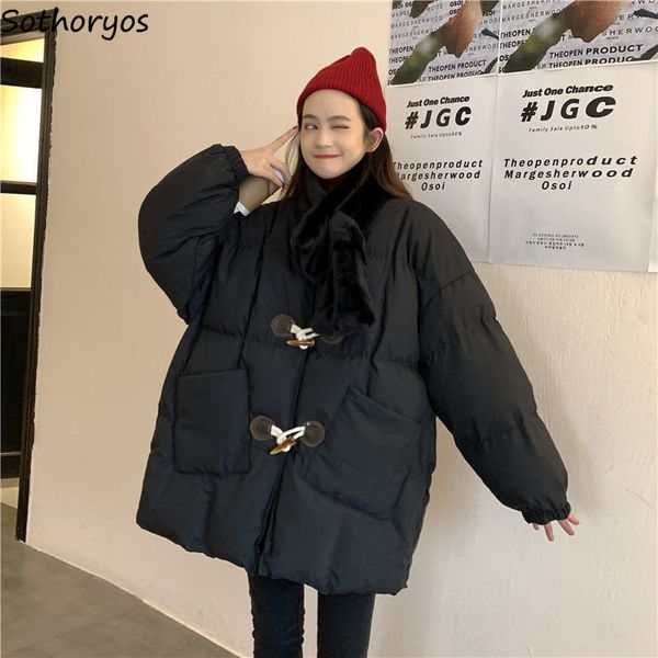 

short parkas women winter puffer-coats horn-buckle korean style solid pockets female outwear high-quality casual chic clothing, Black