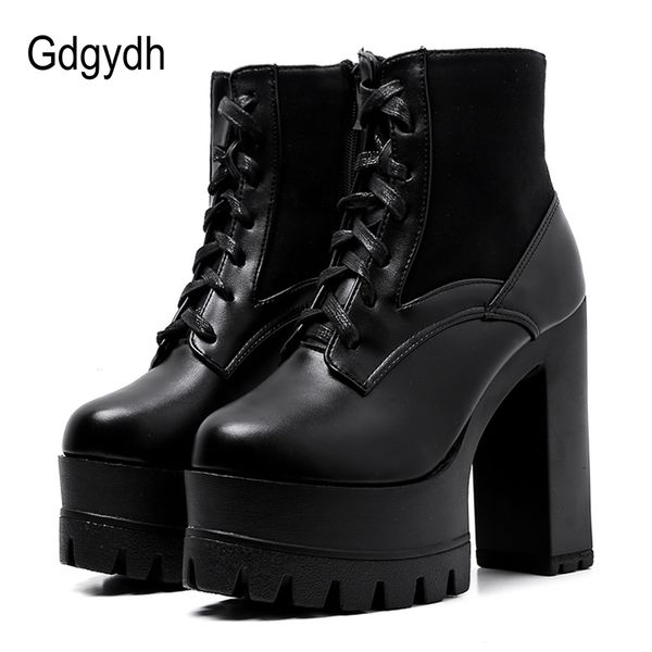 

gdgydh black leather boots women female autumn shoes with zipper platform heel lacing wholesale t200425
