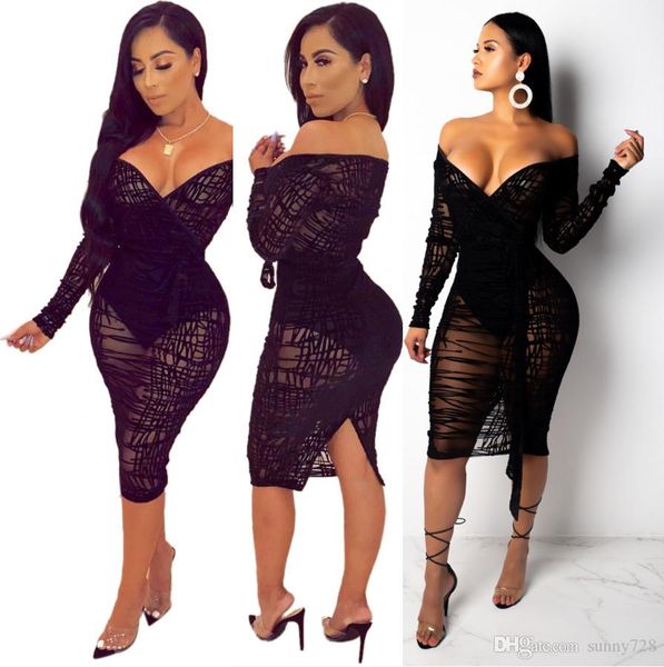 

Big Size S-4XL Irregular Stripes Pattern Black Sexy Women Night Out Dresses 2019 New Sexy See Through V Neck Long Sleeve Club Cocktail Dress