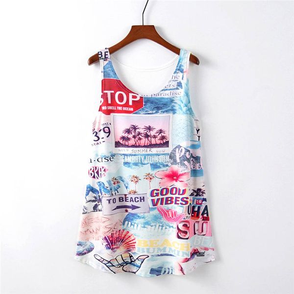 

женщины майка печатных круглый вырез рукавов растениеводство жилет длинный участок большой рубашки мода лето прилив t топ спинки жилет, White