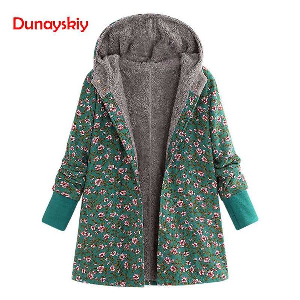 

woman jackets 2018 women winter long sleeve hooded coat vintage ladies print fleece thicken hasp coats outwear warm jackets coat, Black;brown