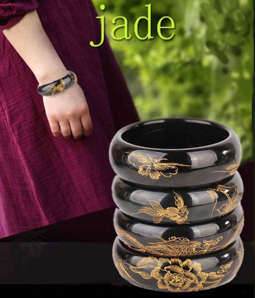 

pure natural xinjiang ink jade bracelet hand-carved goldfish peony jade bracelet variety of choice fine jewelry, Golden;silver