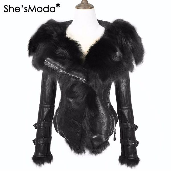 

she'smoda natural winter real fur fleece slim women's zipper hoodie motorcycle coat jacket plus size, Black;brown
