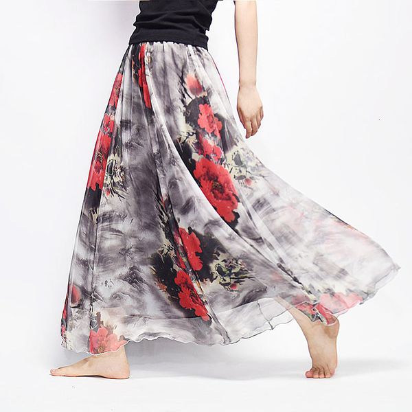 

women skirts long skirt women florals print long skirt female boho style elastic high waist chiffon casual skirts saias 19 color summer, Black