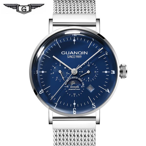 

fashion multifunction mechanical watches men guanqin 2019 automatic watch men calendar 3d curve mirror milanese strap moon phase, Slivery;brown