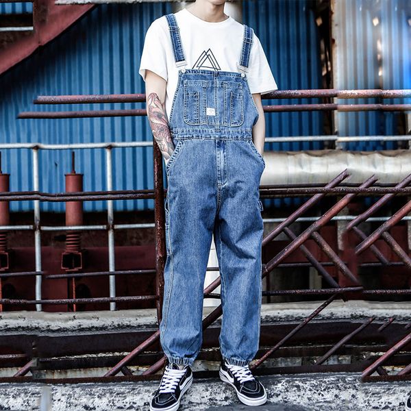 

europe and the united states tide brand hip hop piece denim overalls men's japanese retro loose large size tooling suspenders, Blue