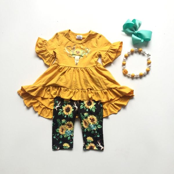 

new spring/summer girls boutique cow capri mustard sunflower set dress girl milk silk cotton outfit baby match accessories, White