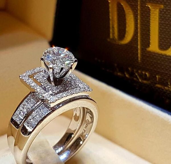 

2019 crystal zircon wedding ring set fashion big stone finger ring promise bridal engagement rings for women, Slivery;golden