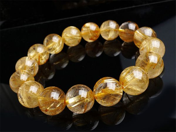

13.5mm genuine brazil natural yellow golden rutilated quartz crystal stretch round bead bracelet, Golden;silver