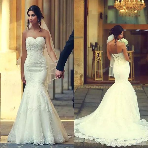 

2020 new said mhamad lace mermaid wedding dresses sweetheart lace up back sweep train applique wedding bridal gowns, White