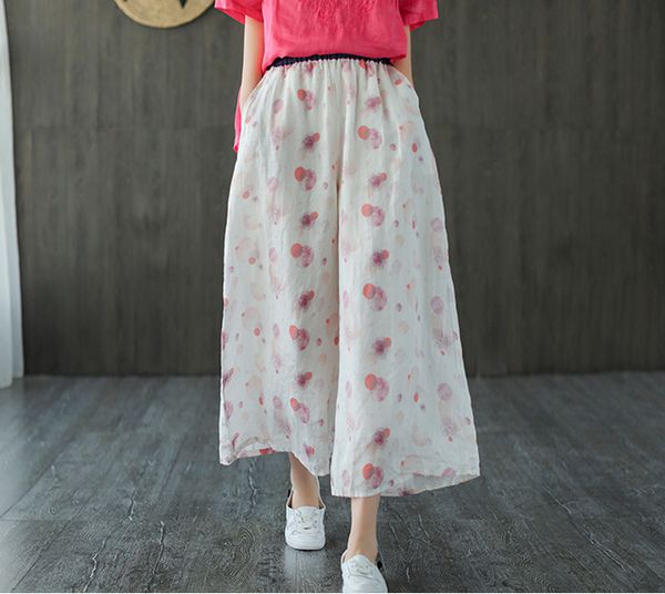 

summer pants women print loose dot casual drawstring female retro wide leg calf-length clothing fashion, Black;white