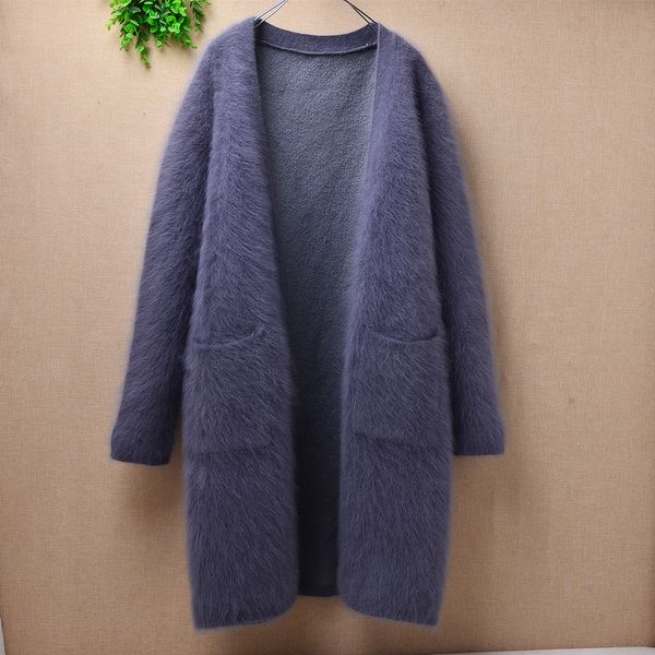 

elegant fashion long thick warm mink cashmere cardigan long sleeves angora fur knitwear inside sweater coat mantle jacket, White