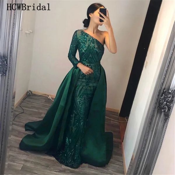 

gorgeous dark green mermaid long sleeve evening dress glitter sequins floor length detachable train long formal dresses 2019, White;black